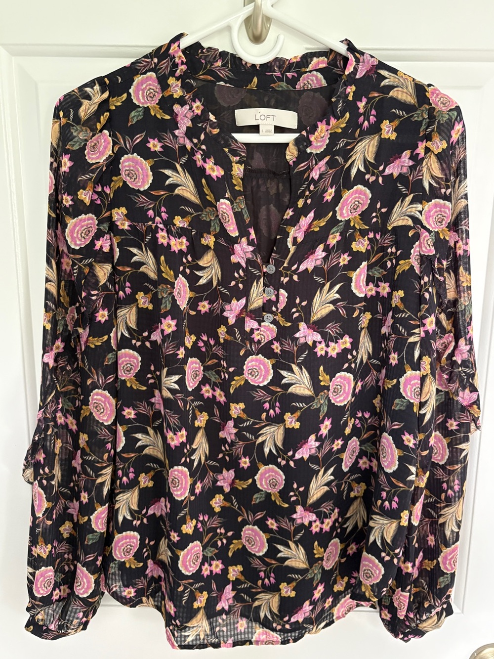 LOFT Black Small Floral Blouse with Pink & Gold Flowers
